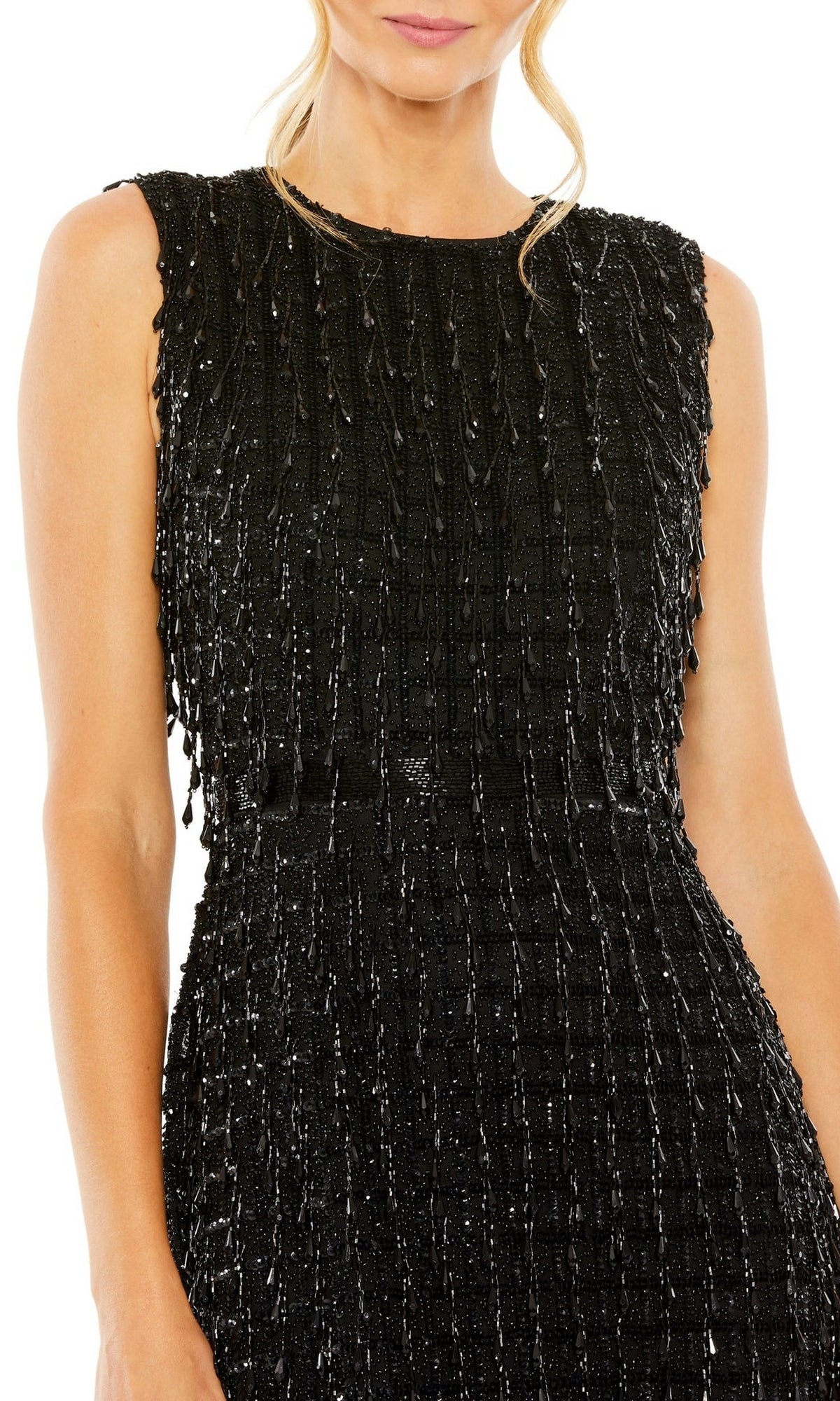 A woman wears the sleeveless, textured black Mac Duggal 5471 Beaded Midi Wedding-Guest Dress with a subtle shimmer, shown from shoulders to mid-torso.